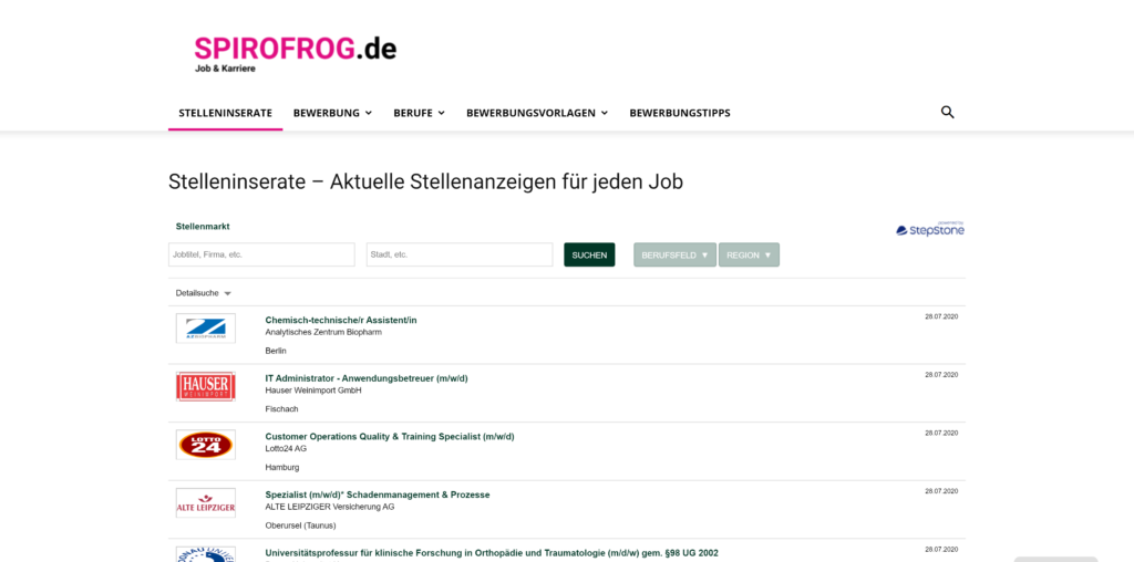 Spirofrog.de: Stelleninserate, Bewerbungsvorlagen und Karrieremagazin
