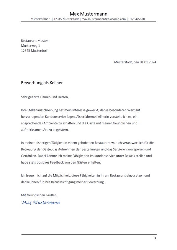 Bewerbung Als Kellnerin