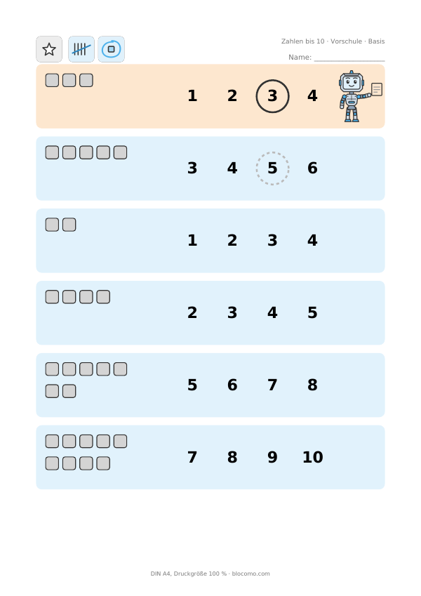 Zahlen bis 10 für Vorschulkinder zum Ausdrucken: Vorschau der PDF-Vorlage mit Mengen zum Zählen und Einkreisen